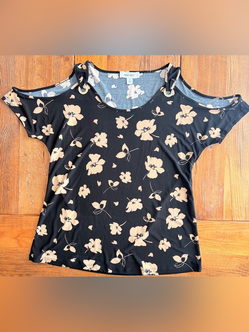 Nine West Black Top with Cream Floral Print and Ring-Detail Cold Shoulders